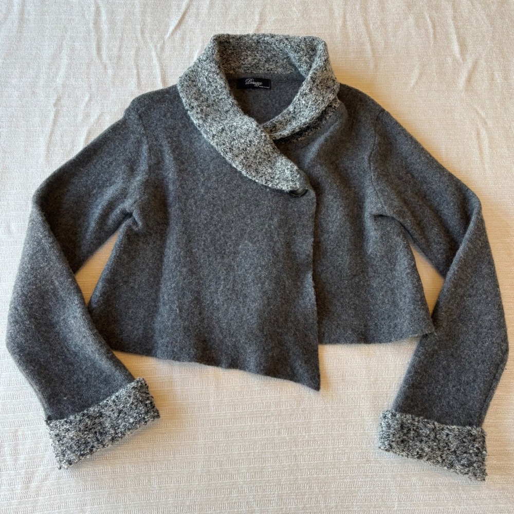 Peruzzi Italy Wool Blend Cropped Cardigan Grey Bouclé Collar Cuffs Size 40‎